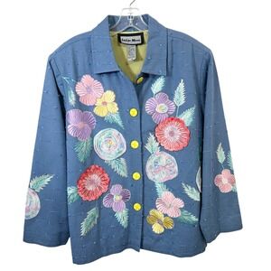 Indigo Moon Plus Size 1X Jacket Blue Floral Embroidered Applique Maximalism 824